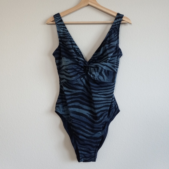 Karla Colletto Front Twist One Piece Swimsuit Blue Grey Zebra 14 - Picture 1 of 16